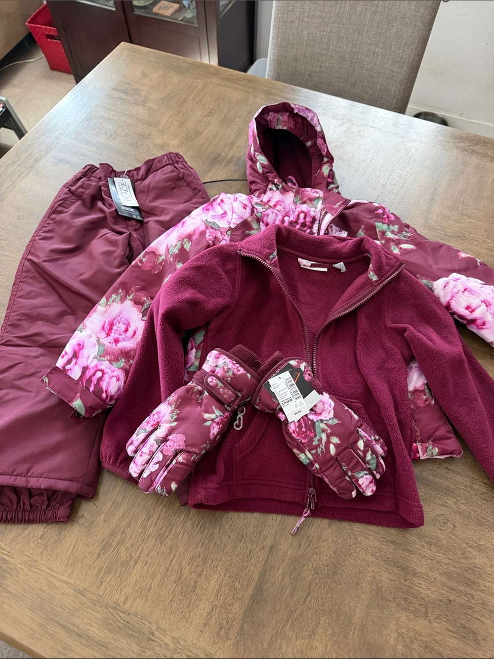 Girls Maroon Floral 4 Piece Winter Set - Jacket, Fleece, Snow Pants & Mittens